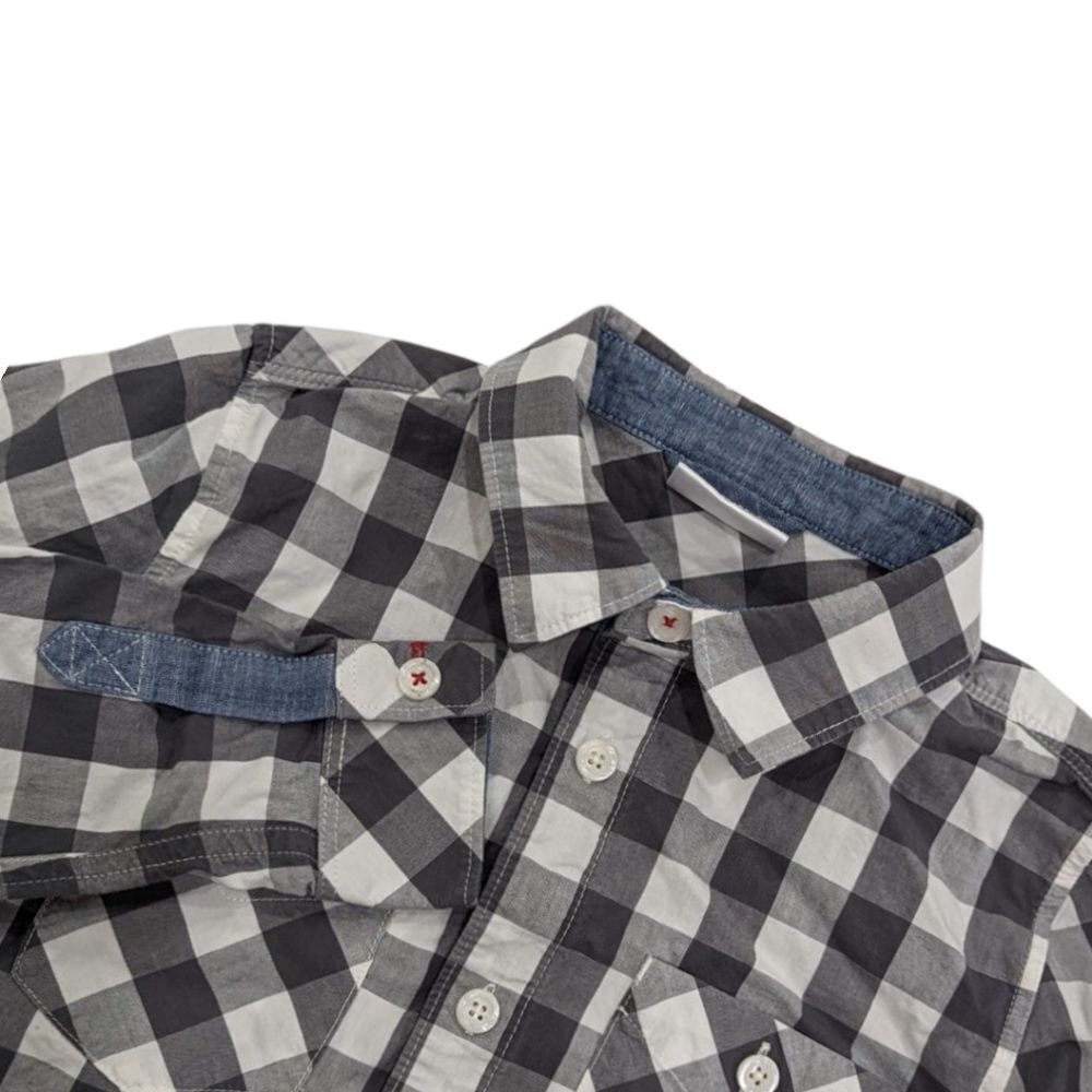 Hanna Andersson Gray White Checkered Plaid Button Up down Shirt Boys 120 6 7